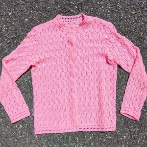 Vintage 1960s Pink Pointelle Knit Romantic Cardigan Sweater M Cottagecore Kawaii
